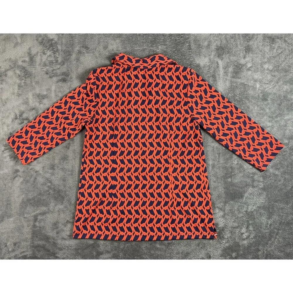 Elizabeth McKay Pull Over Red Blue Top Size L Gold Tone Buttons 3/4 Sleeve - Picture 3 of 8